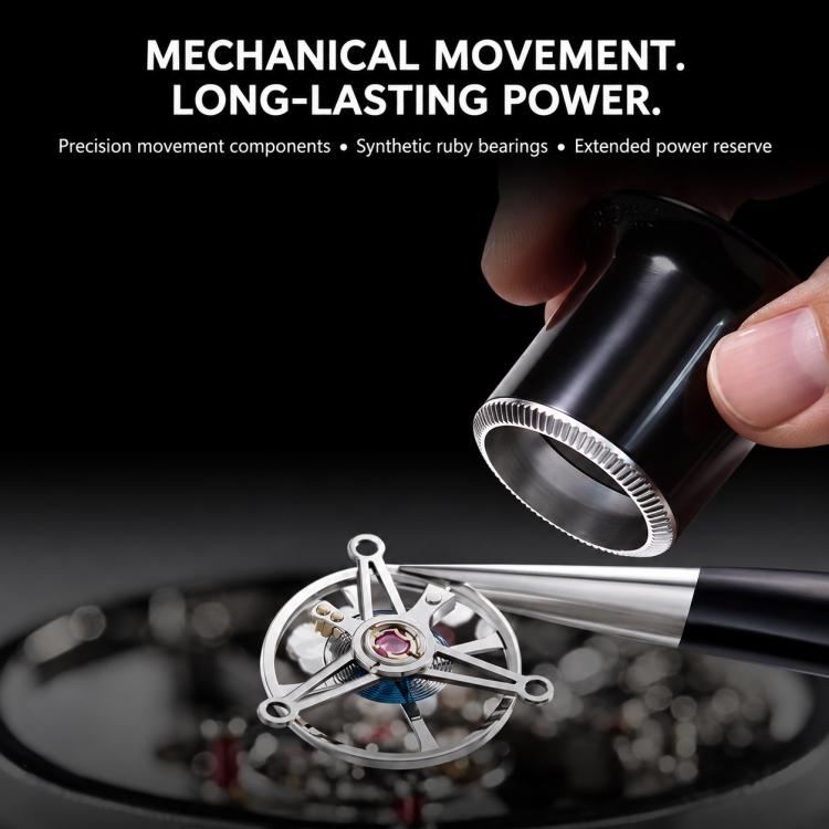 Skeleton watch movement display, visible gears and rotor with colored accents