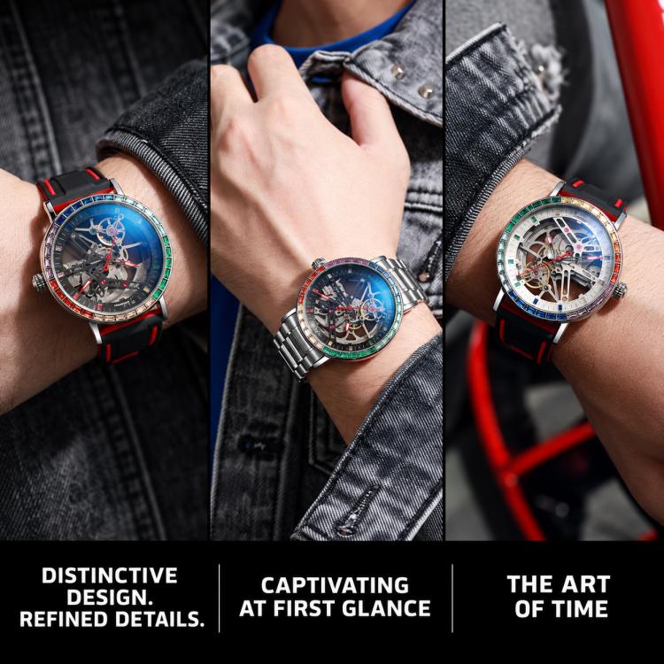 Men's automatic skeleton watch on wrist, black silicone strap with red accents, blue dial