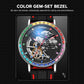 Dulunwe 6057B skeleton mechanical watch, rainbow bezel, black strap, openwork dial