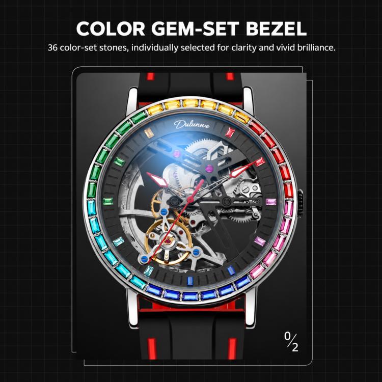 Dulunwe 6057B skeleton mechanical watch, rainbow bezel, black strap, openwork dial