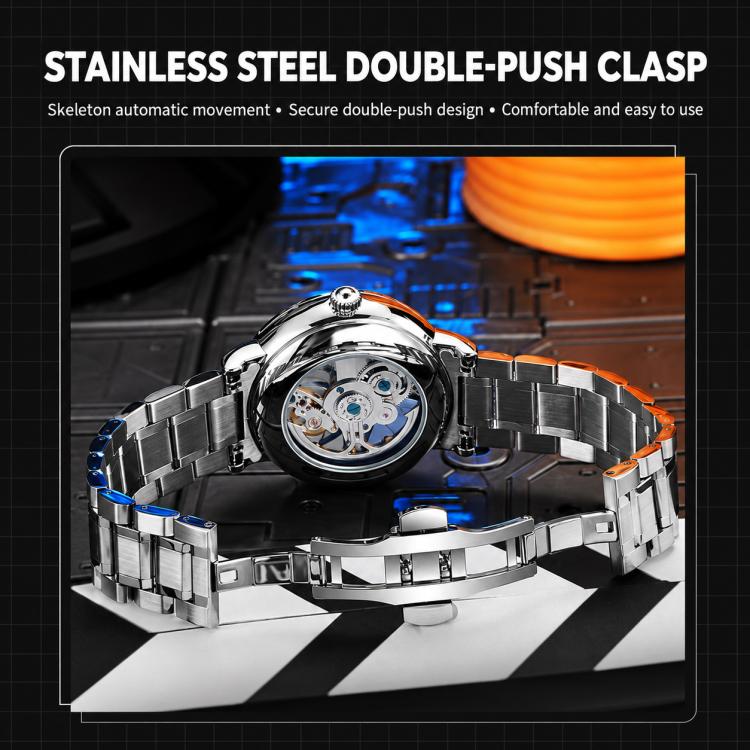 Dulunwe 6057B skeleton mechanical watch with stainless steel bracelet and openwork dial