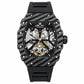 Men’s automatic skeleton watch, black carbon-pattern case, black strap, exposed mechanical dial