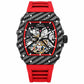 Men’s automatic skeleton watch, black carbon-pattern case, red strap, red bezel ring