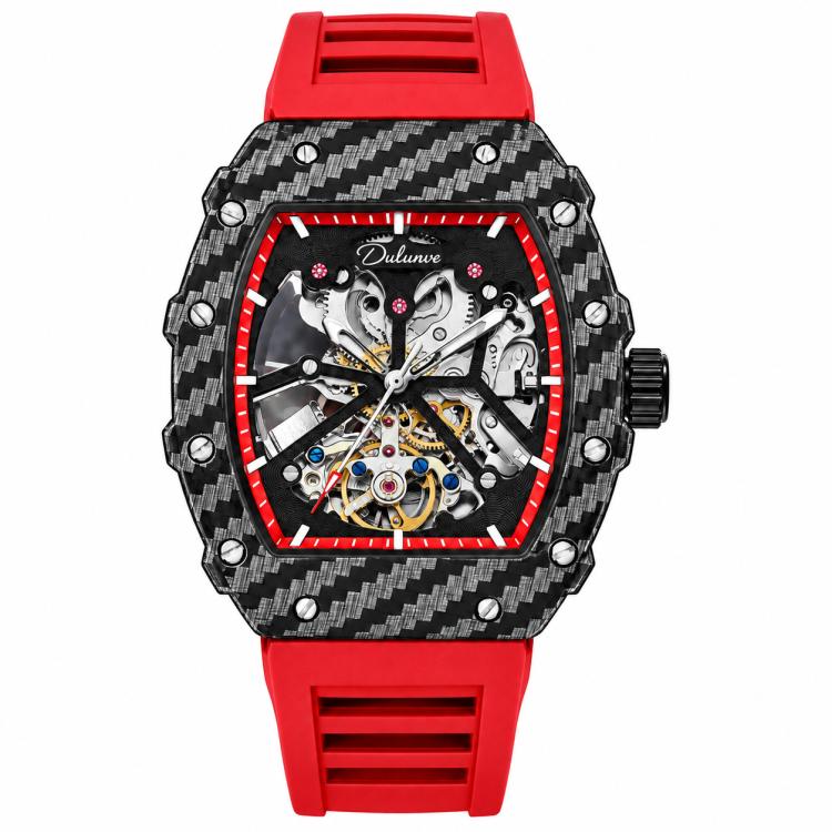 Men’s automatic skeleton watch, black carbon-pattern case, red strap, red bezel ring