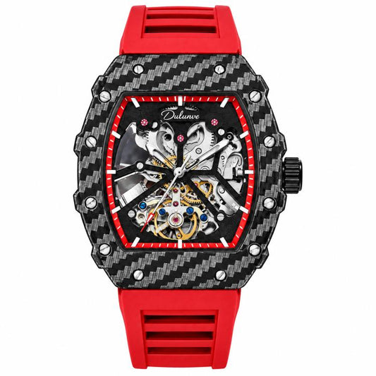 Men’s automatic skeleton watch, black carbon-pattern case, red strap, red bezel ring