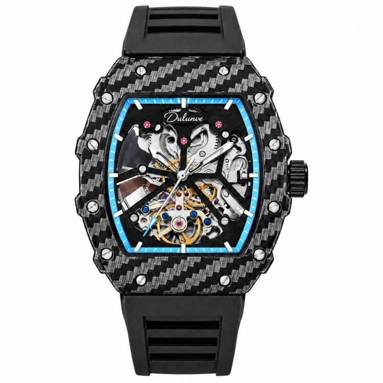 Men’s automatic skeleton watch, black carbon-pattern case, black strap, blue bezel accents