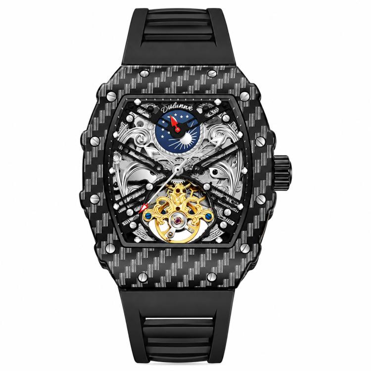 Men’s automatic skeleton watch, black carbon-pattern case, black strap, gold and blue movement