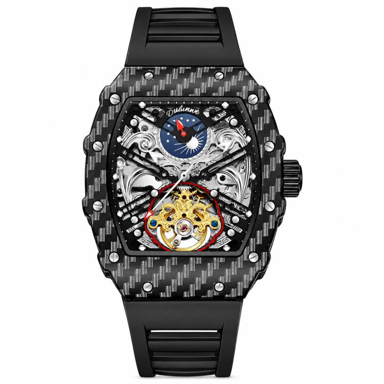 Men’s automatic skeleton watch, black carbon-pattern case, black strap, gold gear details
