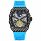 Men’s automatic skeleton watch, black carbon-pattern case, blue strap, gold and blue mechanical dial