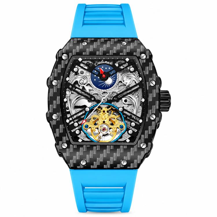 Men’s automatic skeleton watch, black carbon-pattern case, blue strap, gold and blue mechanical dial