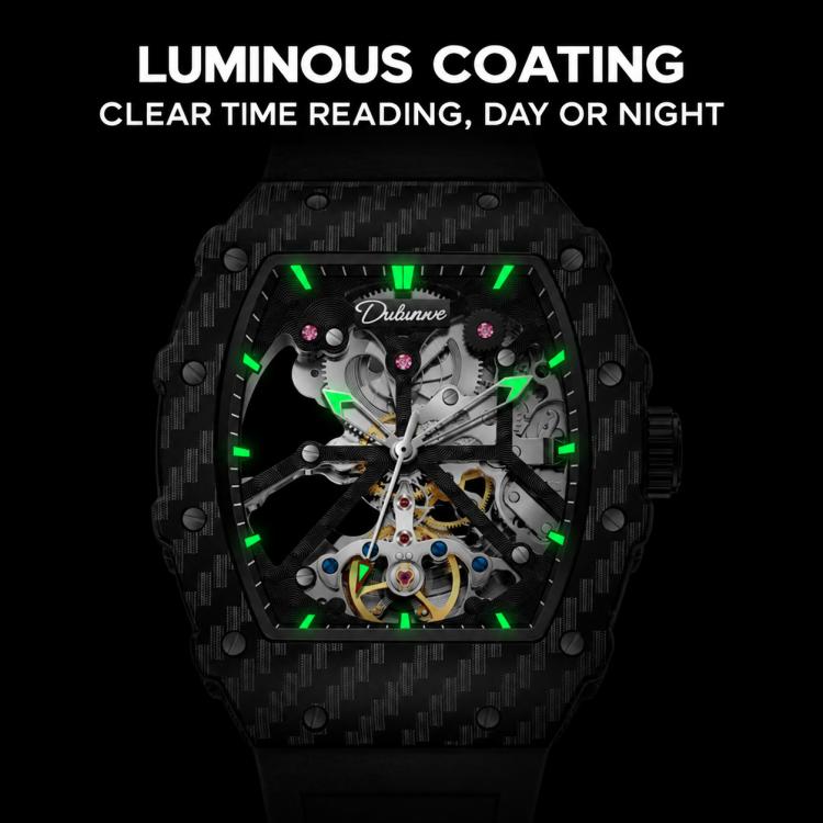 Men's automatic skeleton watch with green luminous markers and black carbon-fiber case