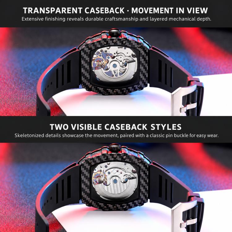 Men's mechanical watch with black strap, transparent skeleton caseback and silver movement