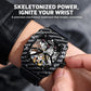 Men's automatic mechanical watch on wrist, black carbon-fiber case and skeleton dial
