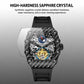 Men's automatic skeleton watch with black carbon-fiber case and sapphire crystal view