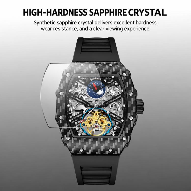 Men's automatic skeleton watch with black carbon-fiber case and sapphire crystal view
