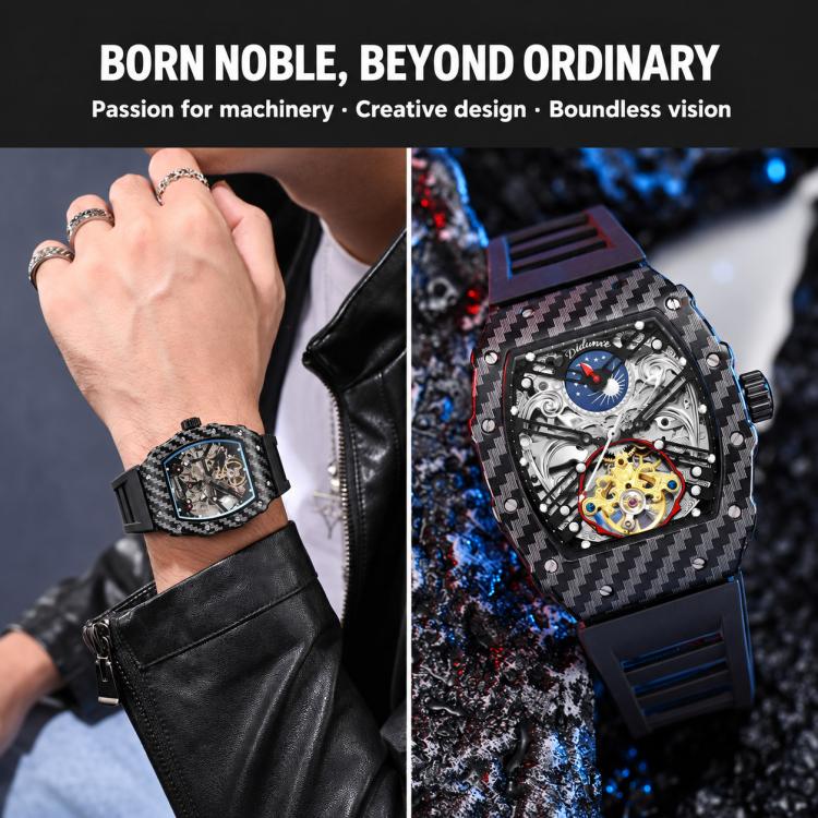 Men's automatic skeleton watch on wrist with black carbon-fiber case and blue strap accents