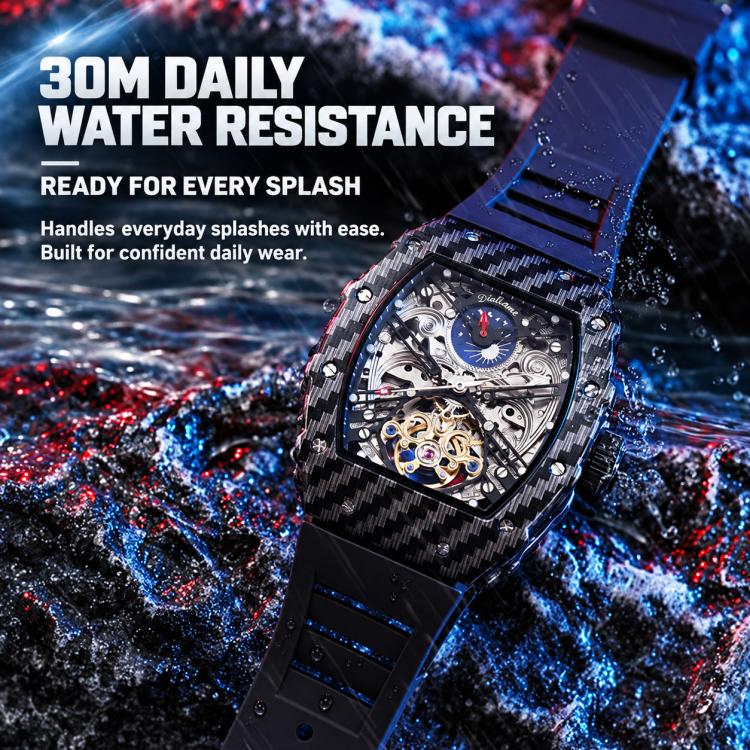Men's automatic skeleton watch with black carbon-fiber case and blue strap accents