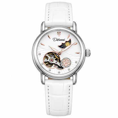 Women’s automatic mechanical watch with white leather strap and silver round moon-and-stars dial