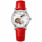 Women’s automatic mechanical watch with red leather strap and silver round moon-and-stars dial