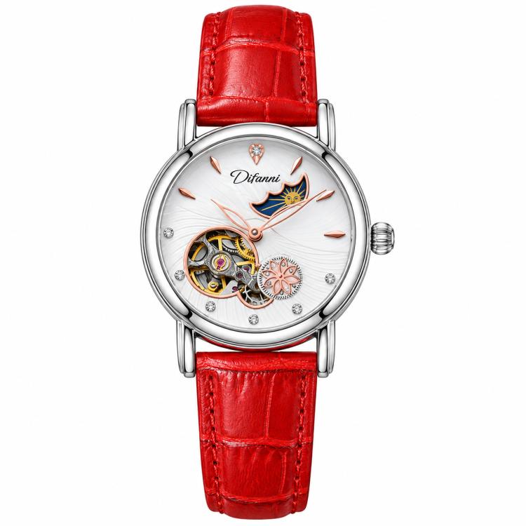 Women’s automatic mechanical watch with red leather strap and silver round moon-and-stars dial