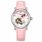 Women’s automatic mechanical watch with pink leather strap and silver round moon-and-stars dial