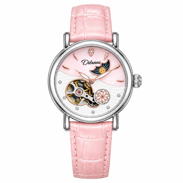 Women’s automatic mechanical watch with pink leather strap and silver round moon-and-stars dial