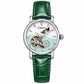 Women’s automatic mechanical watch with green leather strap and silver round moon-and-stars dial