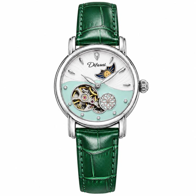 Women’s automatic mechanical watch with green leather strap and silver round moon-and-stars dial