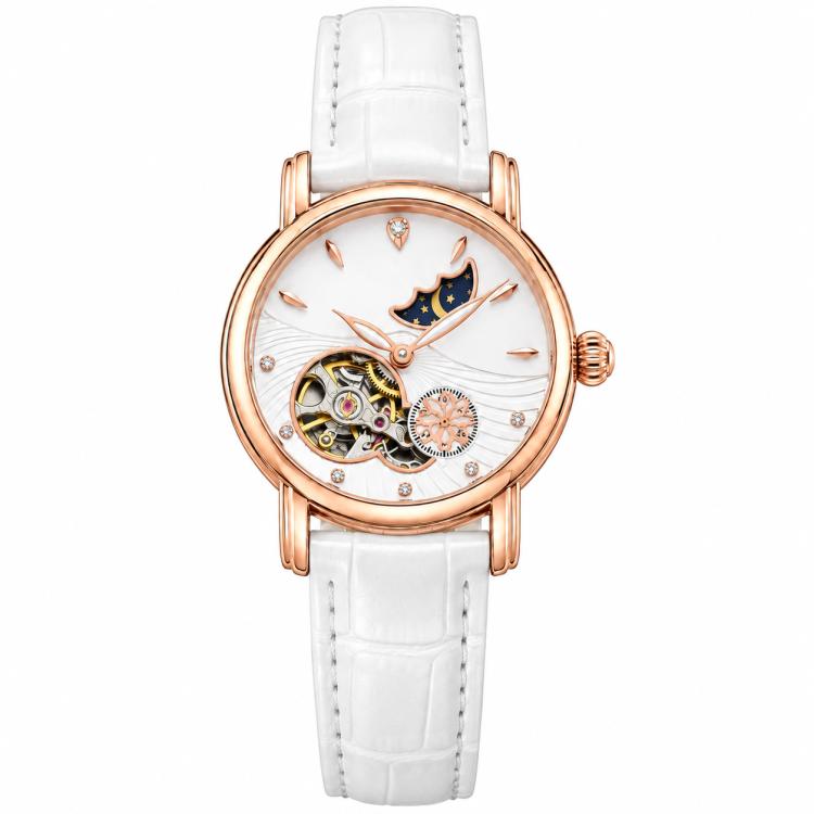 Women’s automatic mechanical watch with white leather strap and rose-gold round moon-and-stars dial