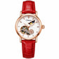 Women’s automatic mechanical watch with red leather strap and rose-gold round moon-and-stars dial