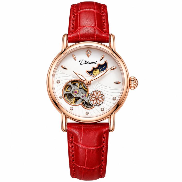 Women’s automatic mechanical watch with red leather strap and rose-gold round moon-and-stars dial