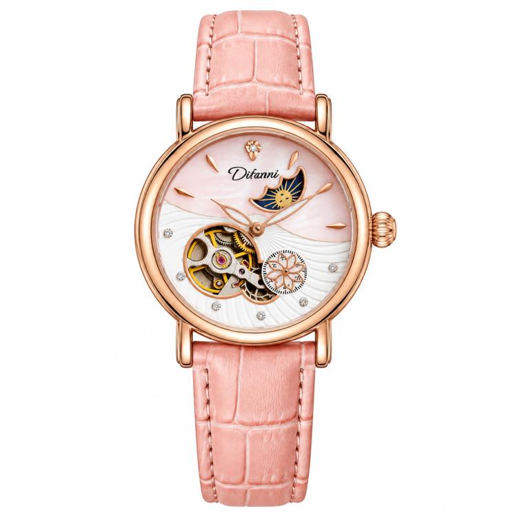 Women’s automatic mechanical watch with pink leather strap and rose-gold round moon-and-stars dial