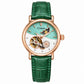 Women’s automatic mechanical watch with green leather strap and rose-gold round moon-and-stars dial