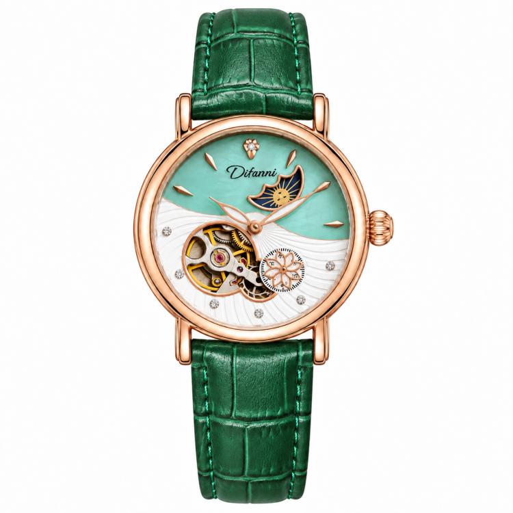 Women’s automatic mechanical watch with green leather strap and rose-gold round moon-and-stars dial