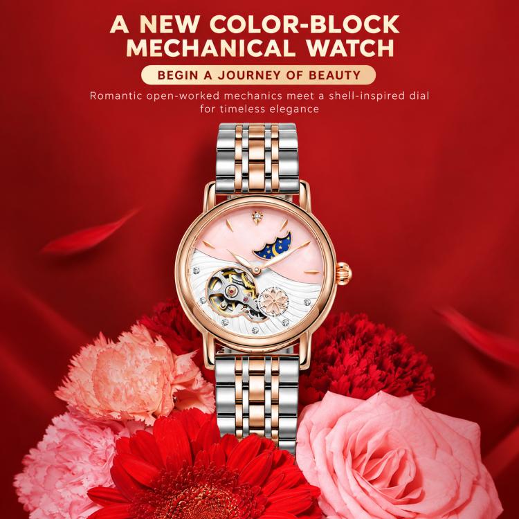 Women’s automatic mechanical watch with silver metal bracelet and openwork moon-and-stars dial