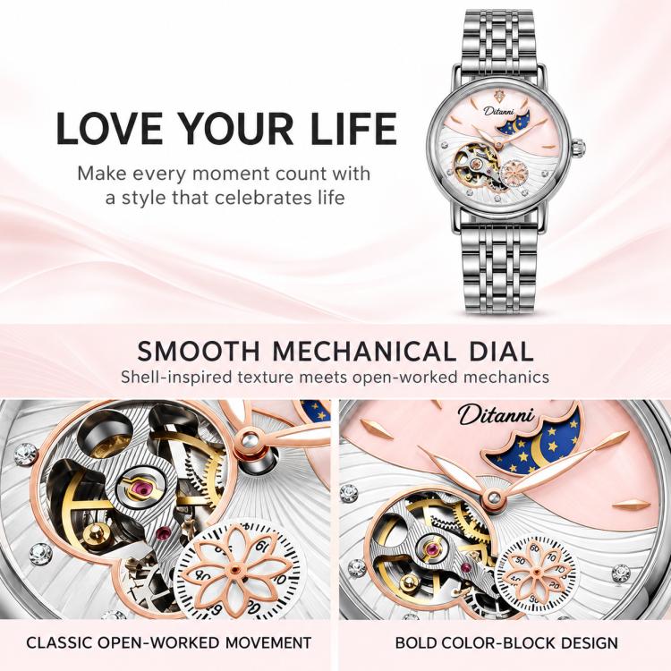 Two-tone automatic mechanical watch with light dial and moon-and-stars motif