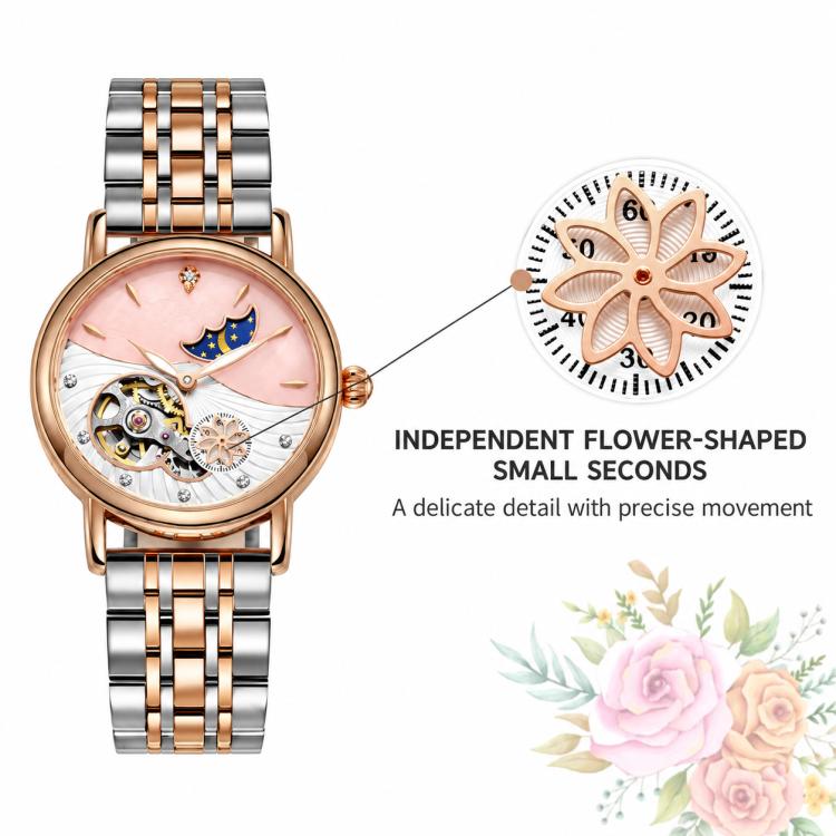 Two-tone automatic mechanical watch with light pink dial, flower-like seconds detail