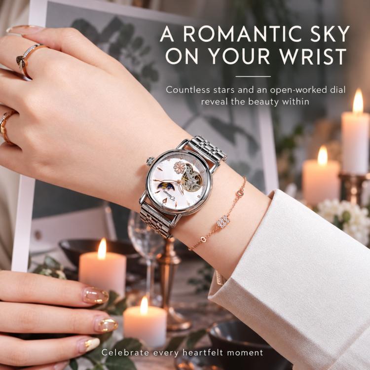 Automatic mechanical watch on wrist, round face with skeleton movement and moon motif