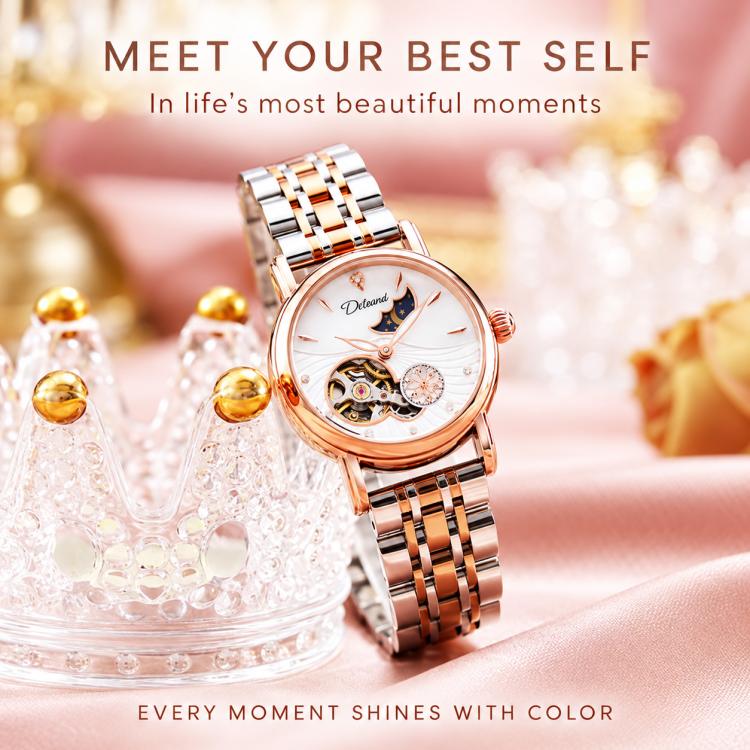 Two-tone automatic mechanical watch with pale dial and exposed gears on metal bracelet
