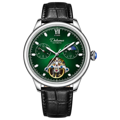 Men's automatic mechanical watch with green dial and black leather strap