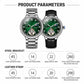 Pair of men's automatic watch views: steel bracelet left, black leather strap right
