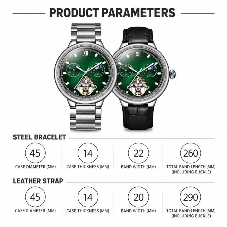 Pair of men's automatic watch views: steel bracelet left, black leather strap right