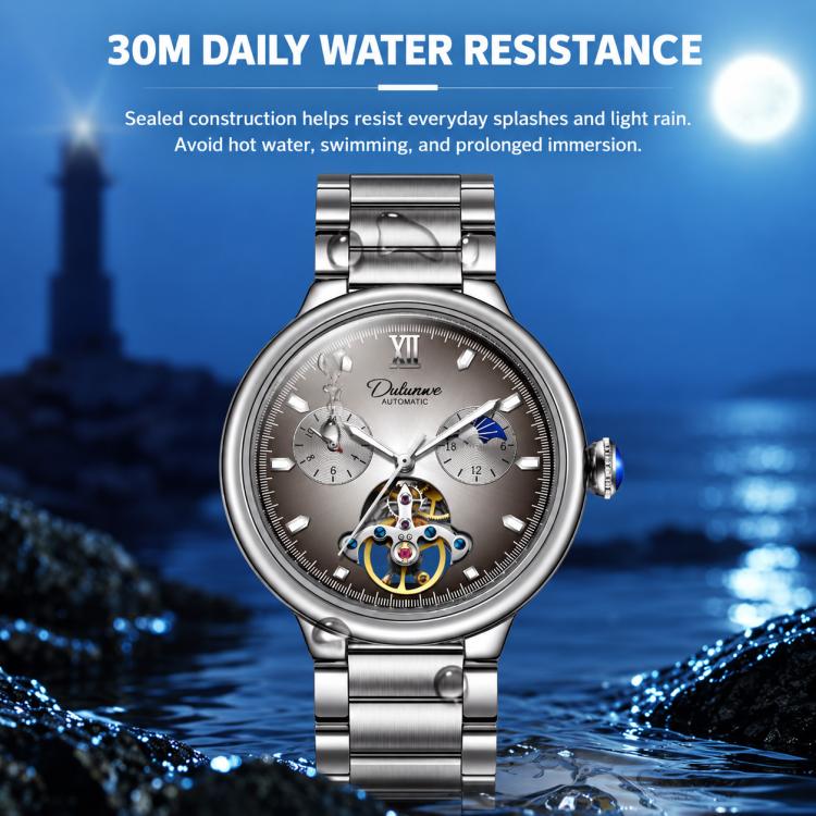 Men's automatic mechanical watch with silver case, brown dial, and steel bracelet