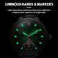 Men's automatic mechanical watch with glowing green markers and black leather strap