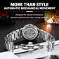 Men's automatic mechanical watch caseback with steel bracelet and blue cabochon crown