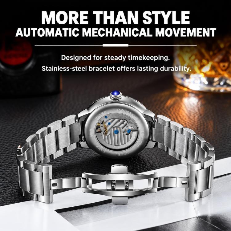 Men's automatic mechanical watch caseback with steel bracelet and blue cabochon crown