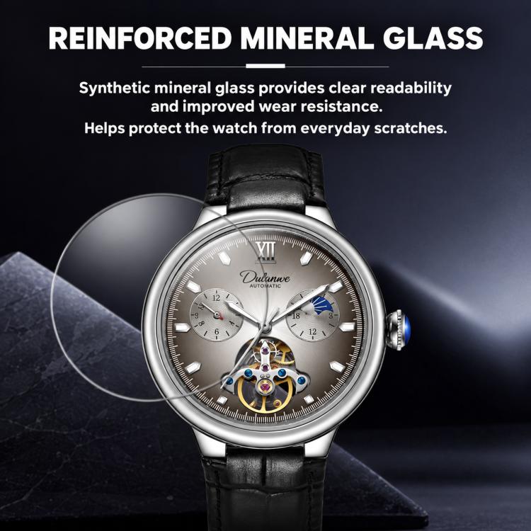 Men's automatic mechanical watch with silver case, brown dial, and black leather strap