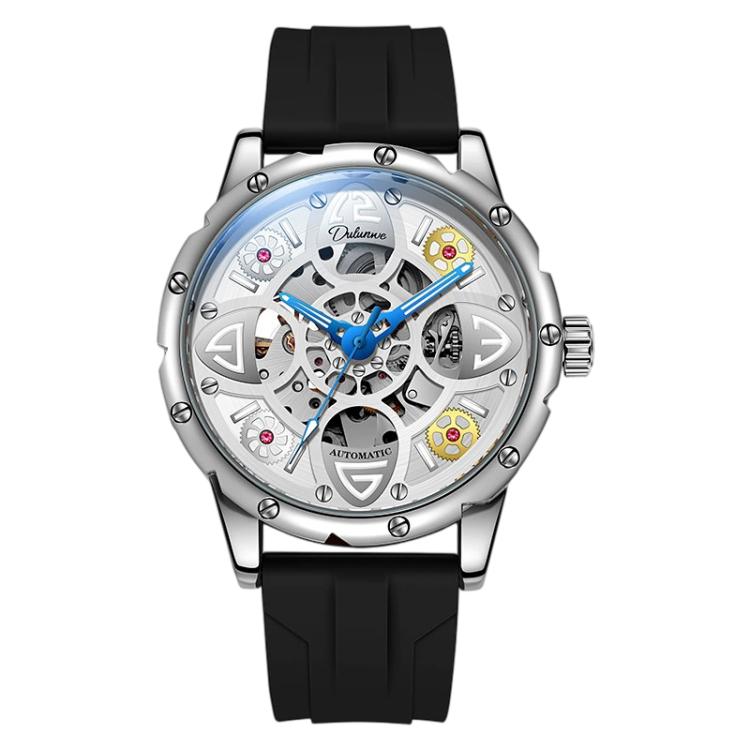 Clover-shaped skeleton automatic mechanical watch with black silicone strap, silver case