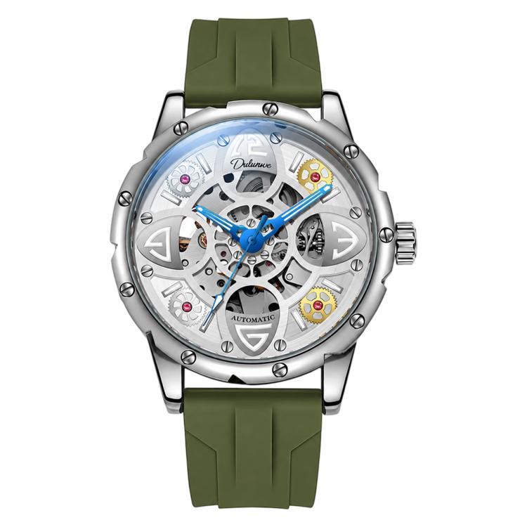 Clover-shaped skeleton automatic mechanical watch with green silicone strap, silver case