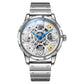 Clover-shaped skeleton automatic mechanical watch with silver steel bracelet, silver case